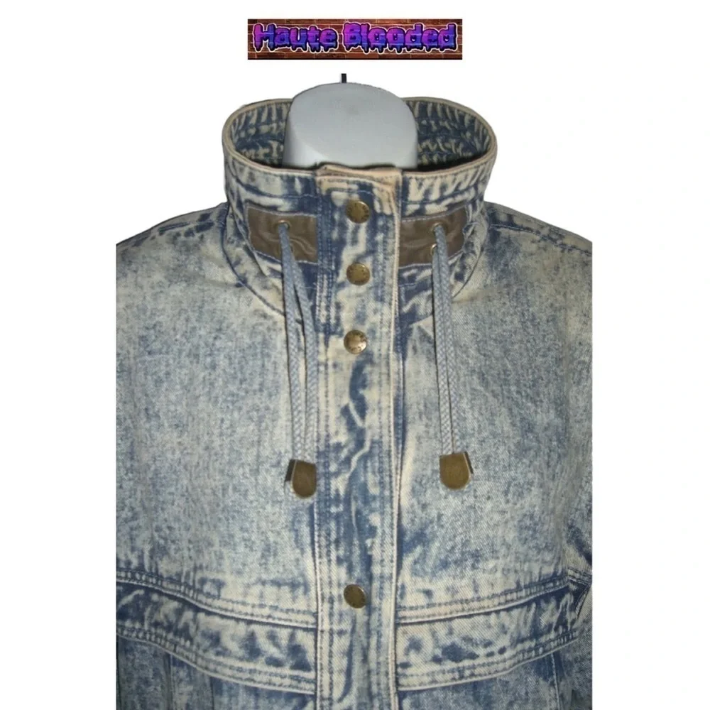 Vintage 80's Acid Wash Denim Long Warm Trench Coat Aztec e-girl alt Grunge Punk